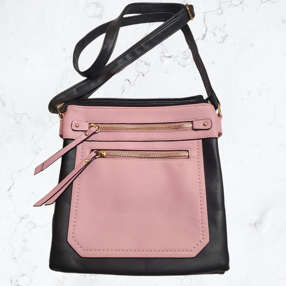 Black & Pink Faux Leather Crossbody Purse Bag
